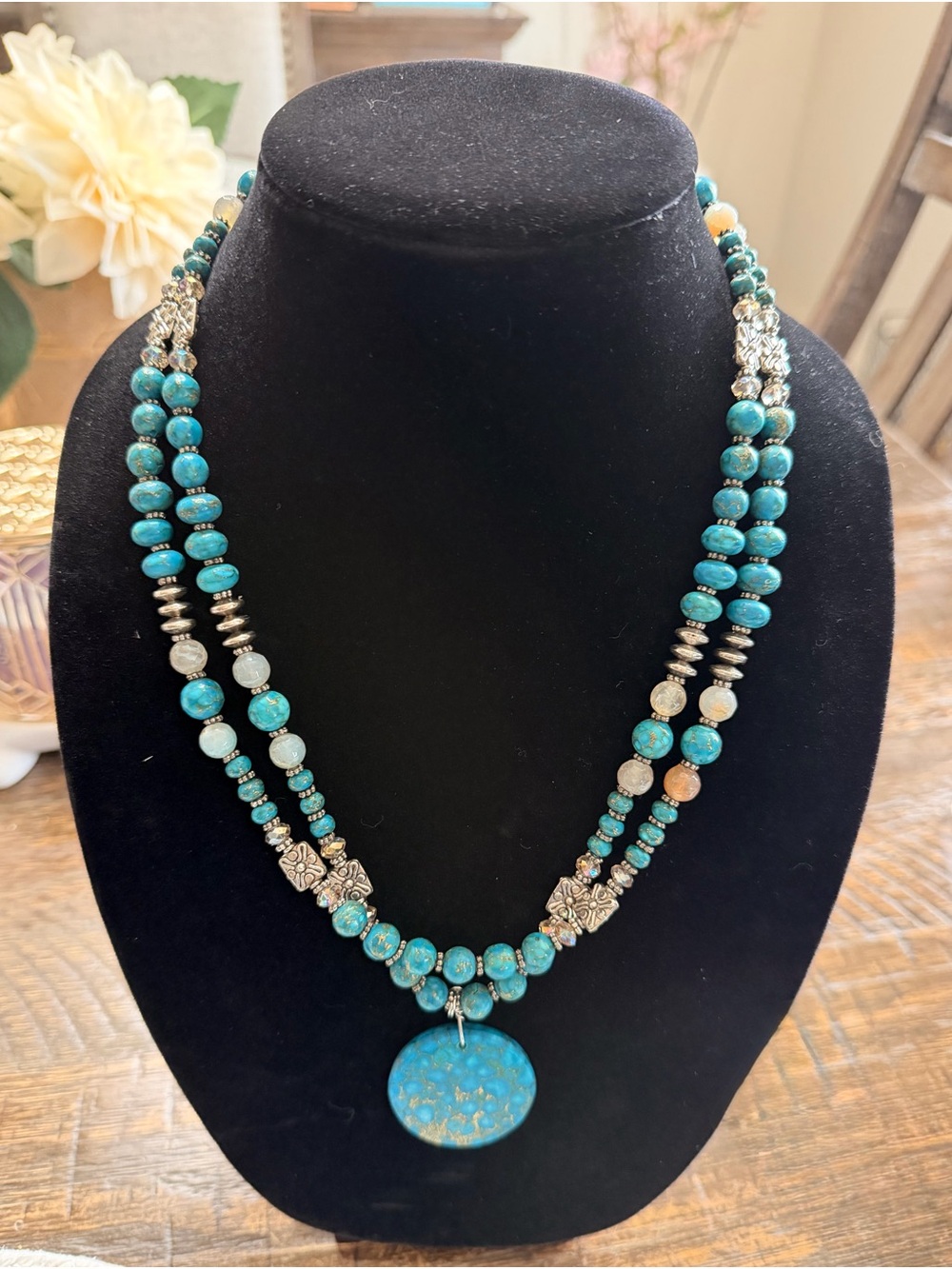 Handcrafted Turquoise Bead Necklace with Round Turquoise Pendant 13”L